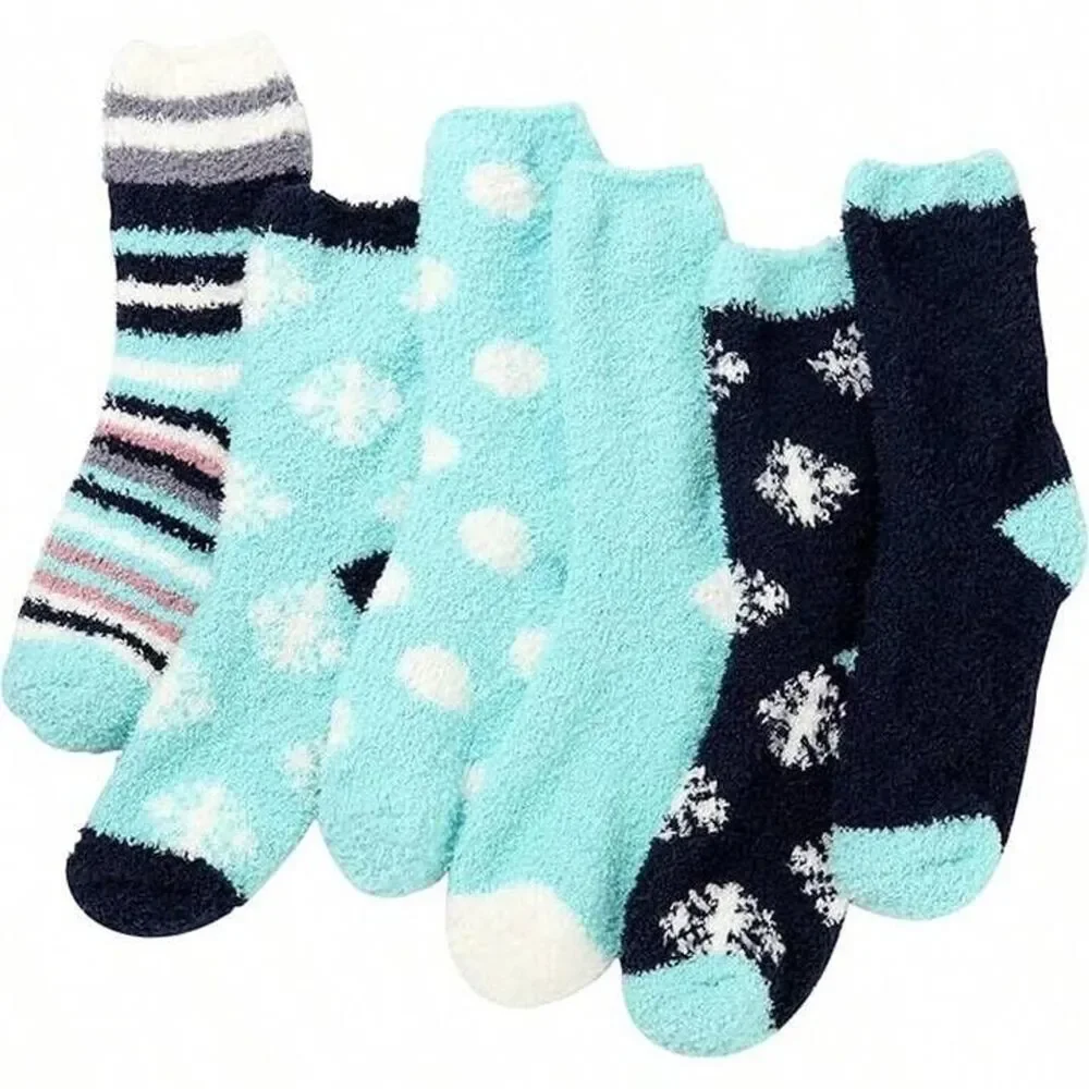 Women’s 6 Pack Fuzzy Warm Slipper Socks Soft Plush Winter Cozy Size 9-11